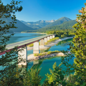 Bridge over Sylvenstein Dam near Lenggries, German Alpine Road, Upper Bavaria, Bavaria, Germany Bridge over Sylvenstein Dam near Lenggries, German Alpine Road, Upper Bavaria, Bavaria, Germany